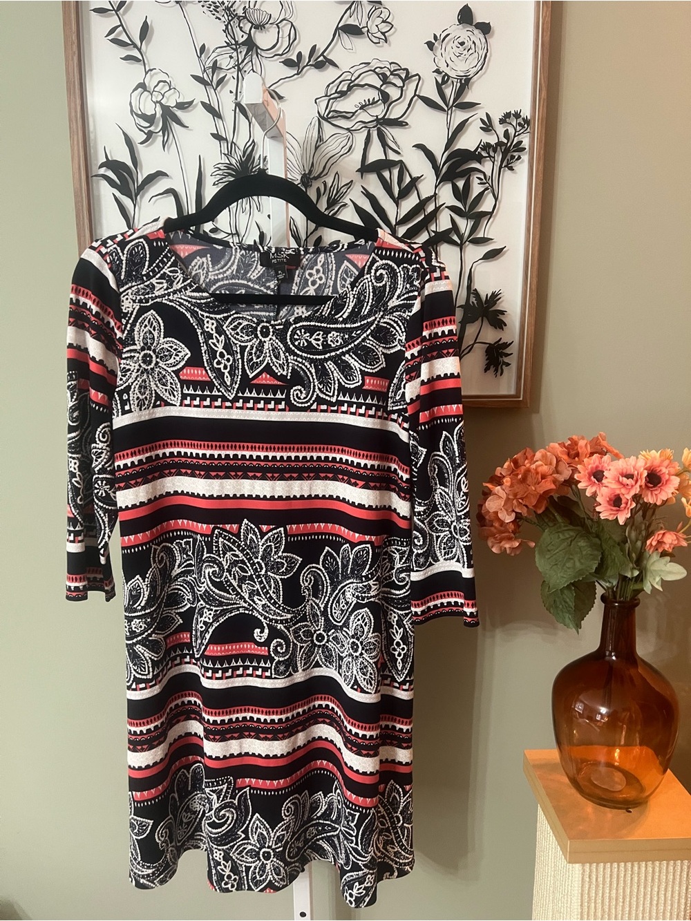MSK Red White & Black Floral Paisley Southwestern Print 3/4 Sleeve Dress Size PL